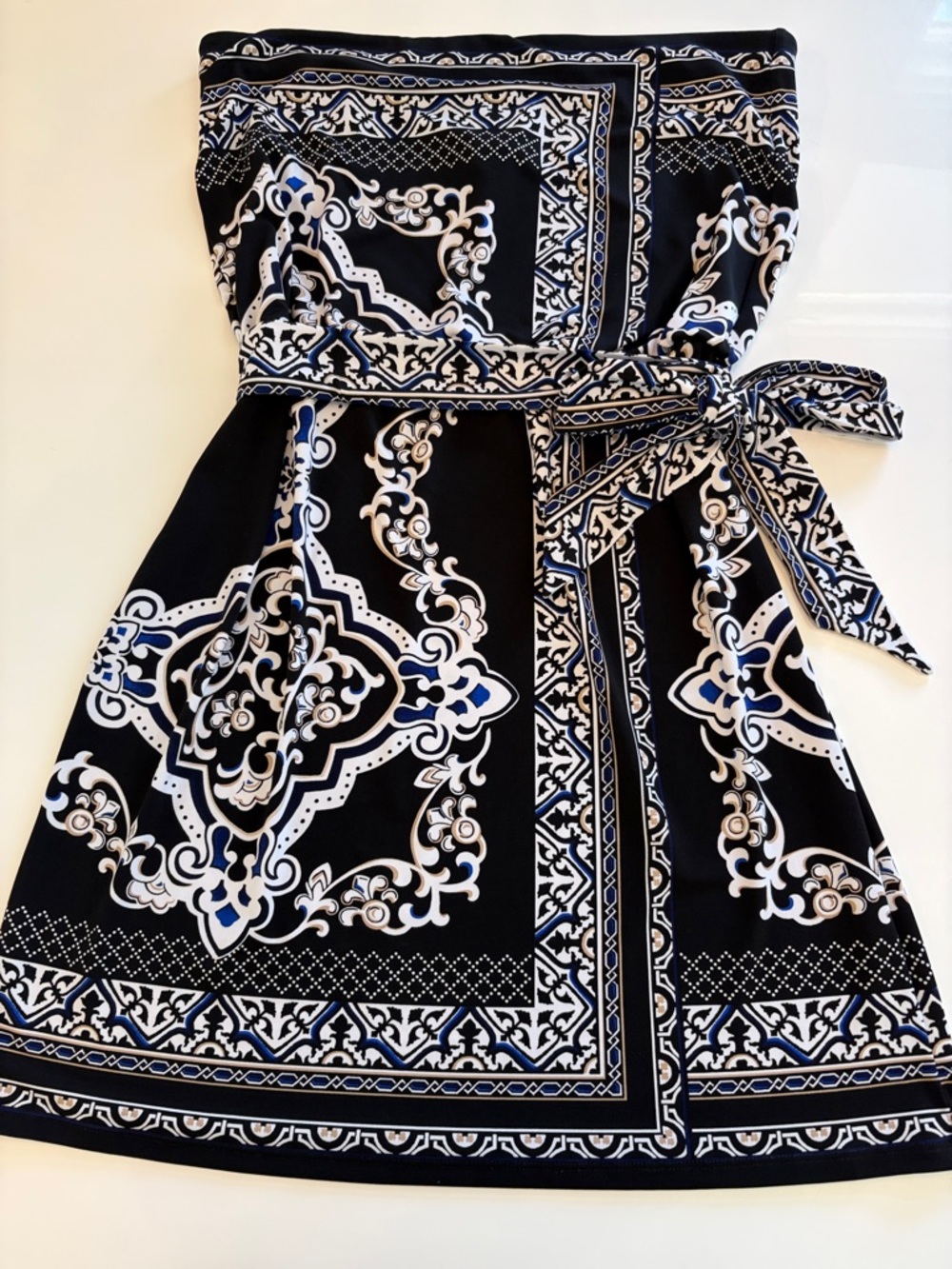White House Black Market Strapless Black, White & Blue Printed Tie-Waist Dress
